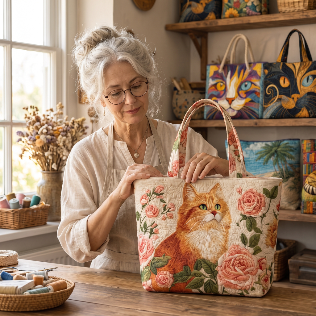Orange Cat with Roses Artisan Quilted Bag