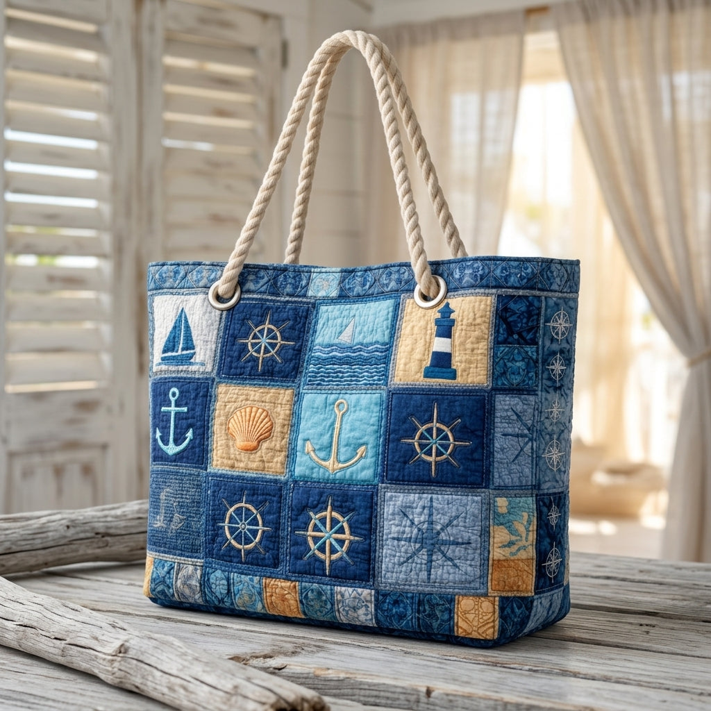 Nautical Blue Artisan Quilted Beach Bag