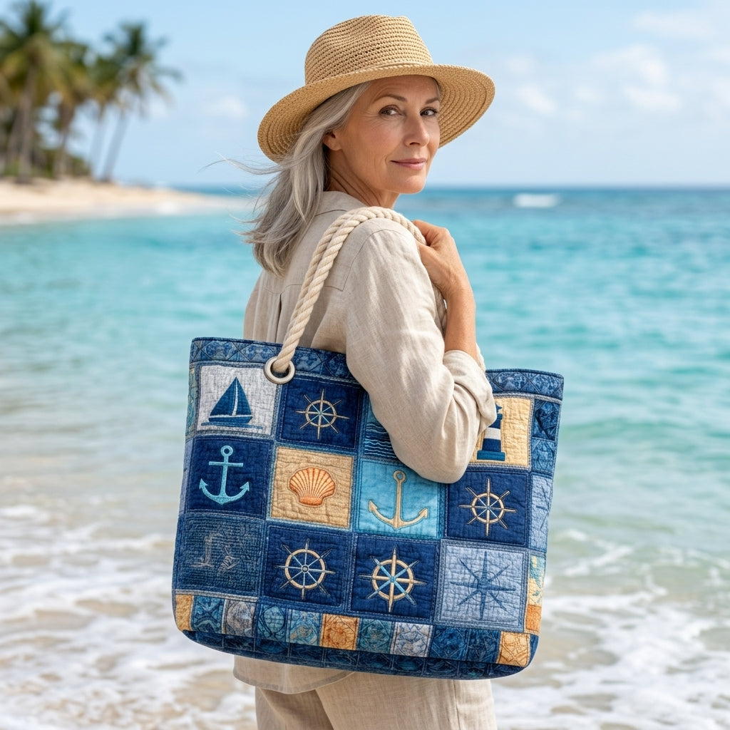 Nautical Blue Artisan Quilted Beach Bag