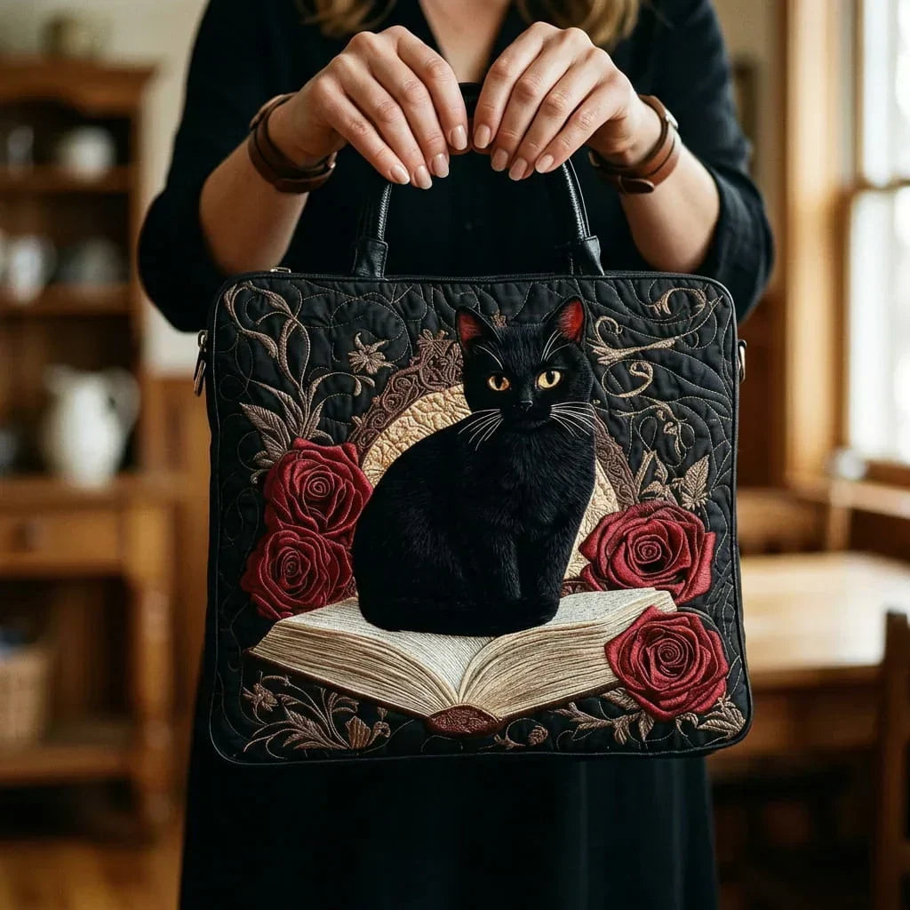 Black Cat on Books Artisan Quilted Bag