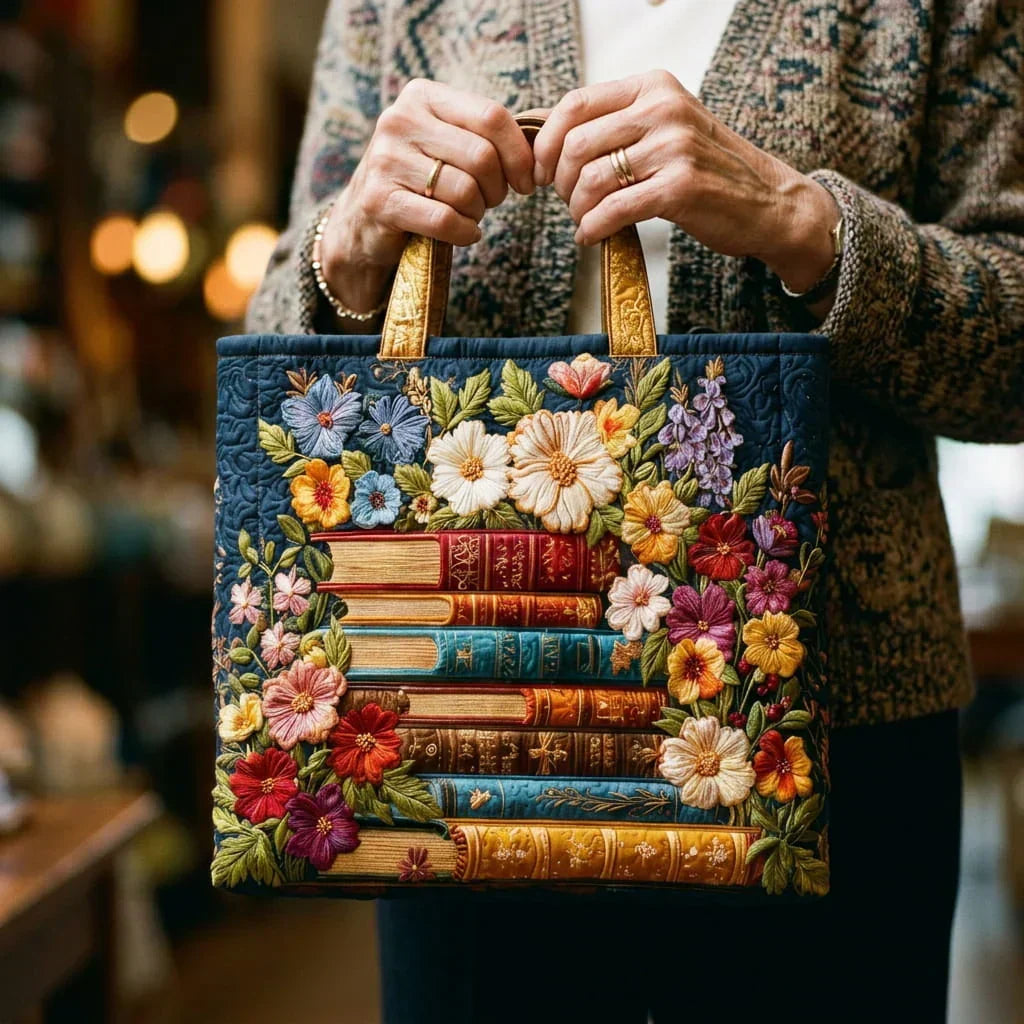 Floral Print and Books Artisan Quilted Bag