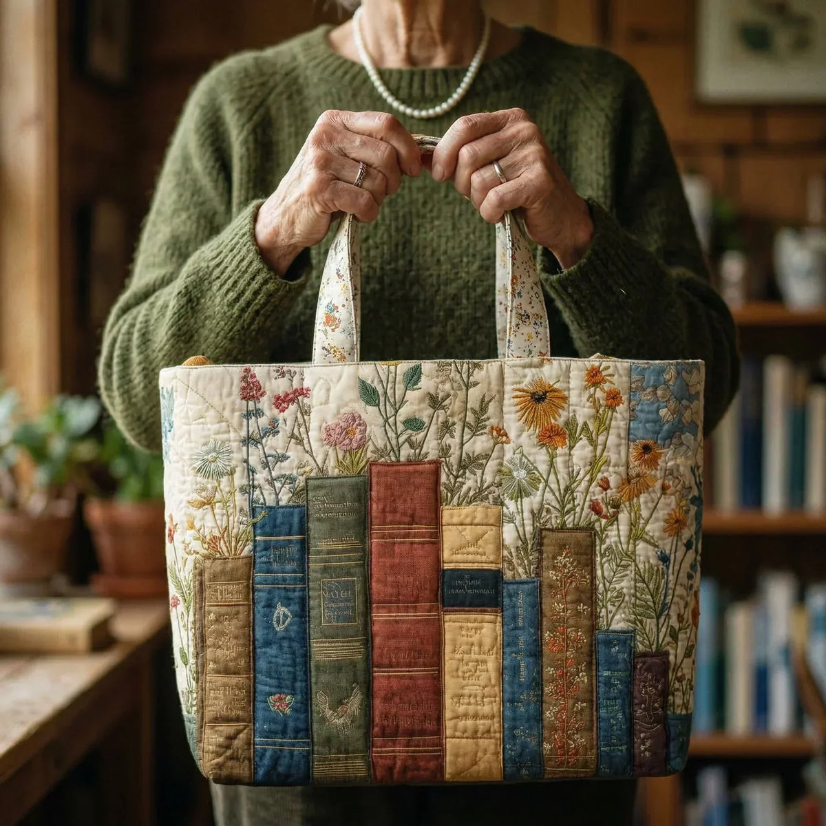 Books and Flowers Artisan Quilted Bag