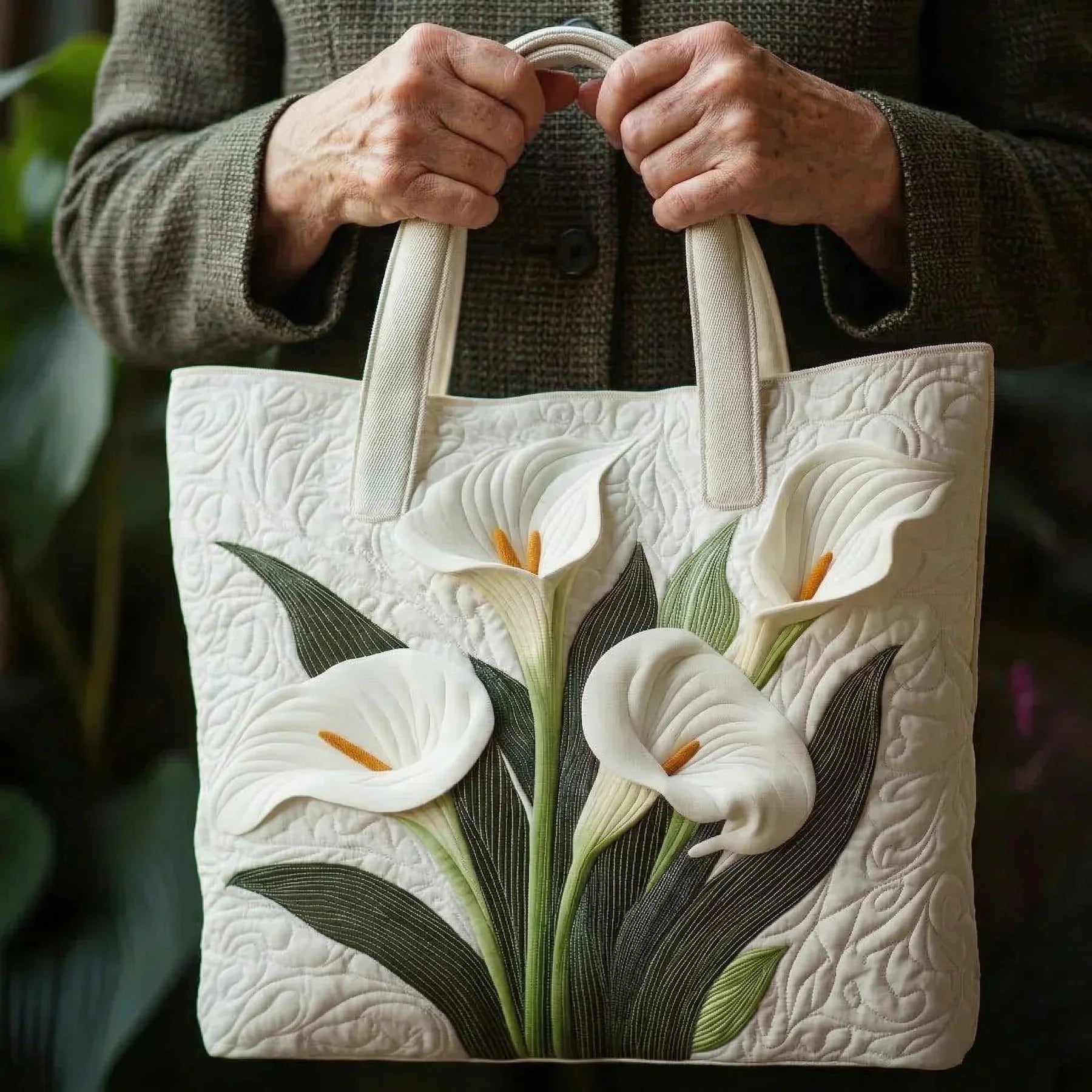 White Lilies Artisan Quilted Bag