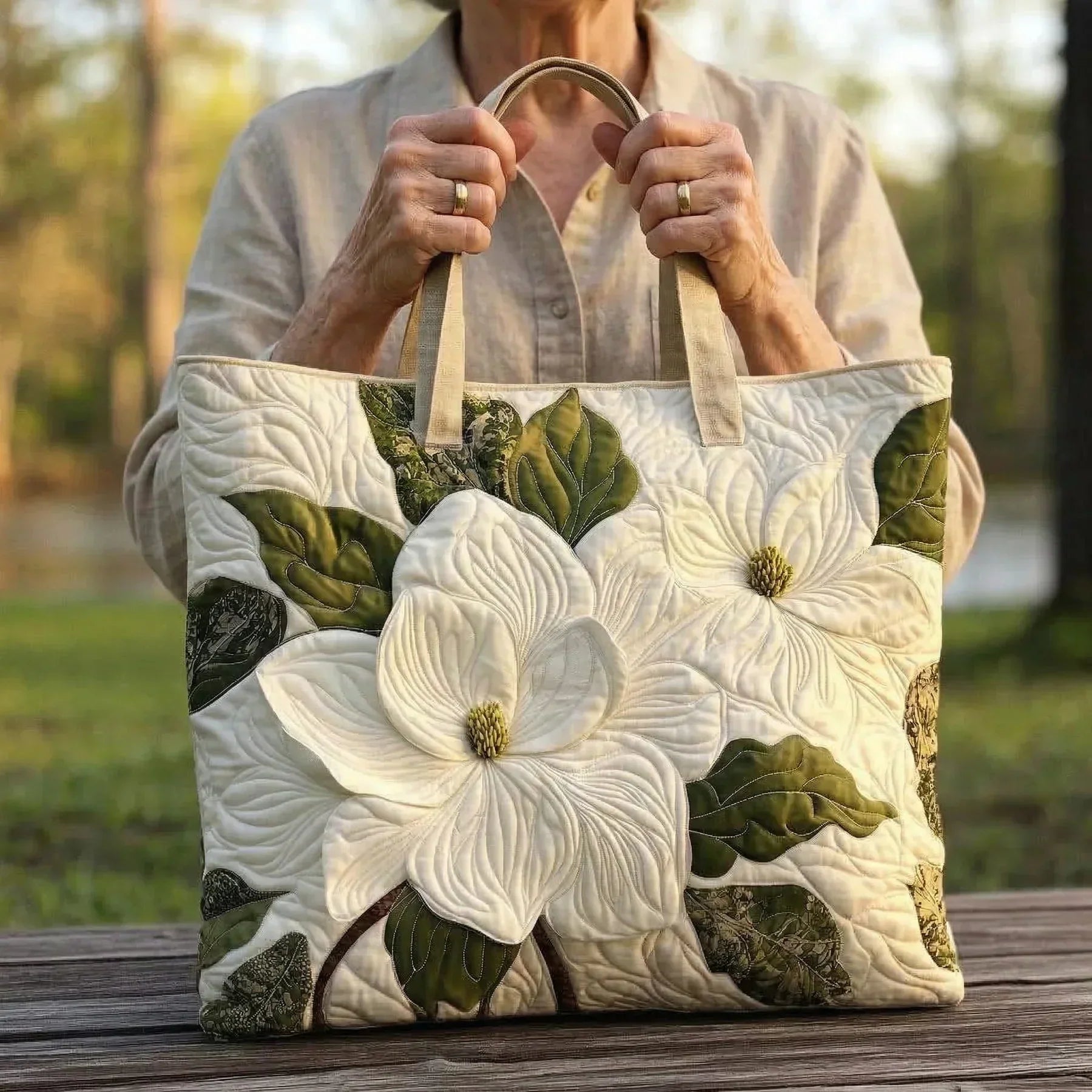 Elegant White Lilies Artisan Quilted Bag