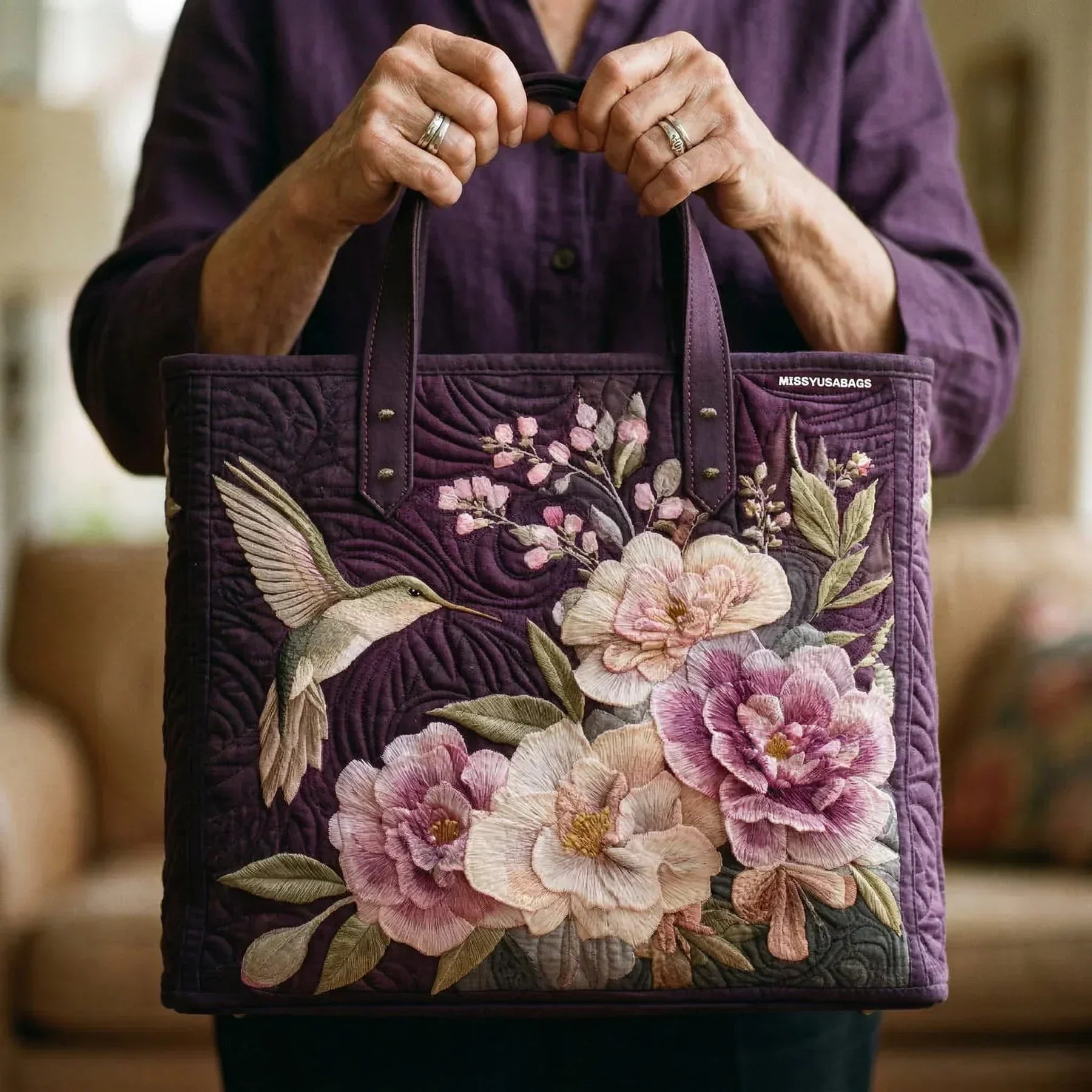 Hummingbirds and Orchids Artisan Quilted Bag