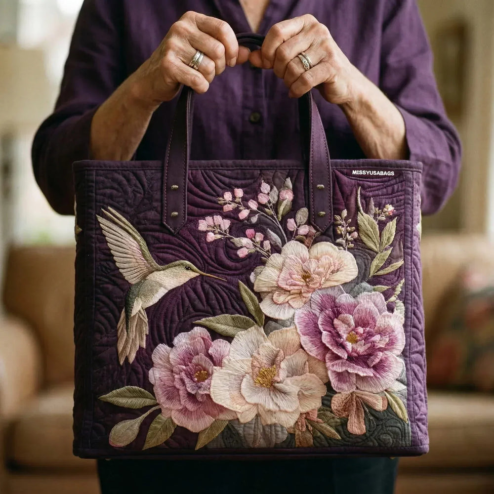 Hummingbirds and Orchids Artisan Quilted Bag