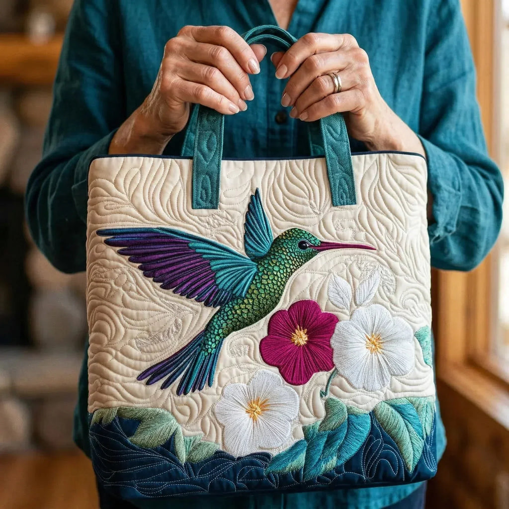 Hummingbird and White Flower Artisan Quilted Bag