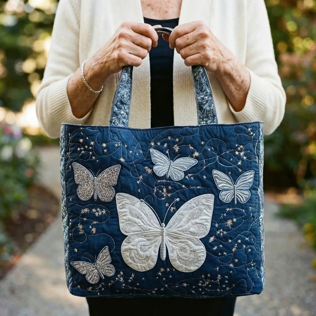 Silver Butterfly Artisan Quilted Bag