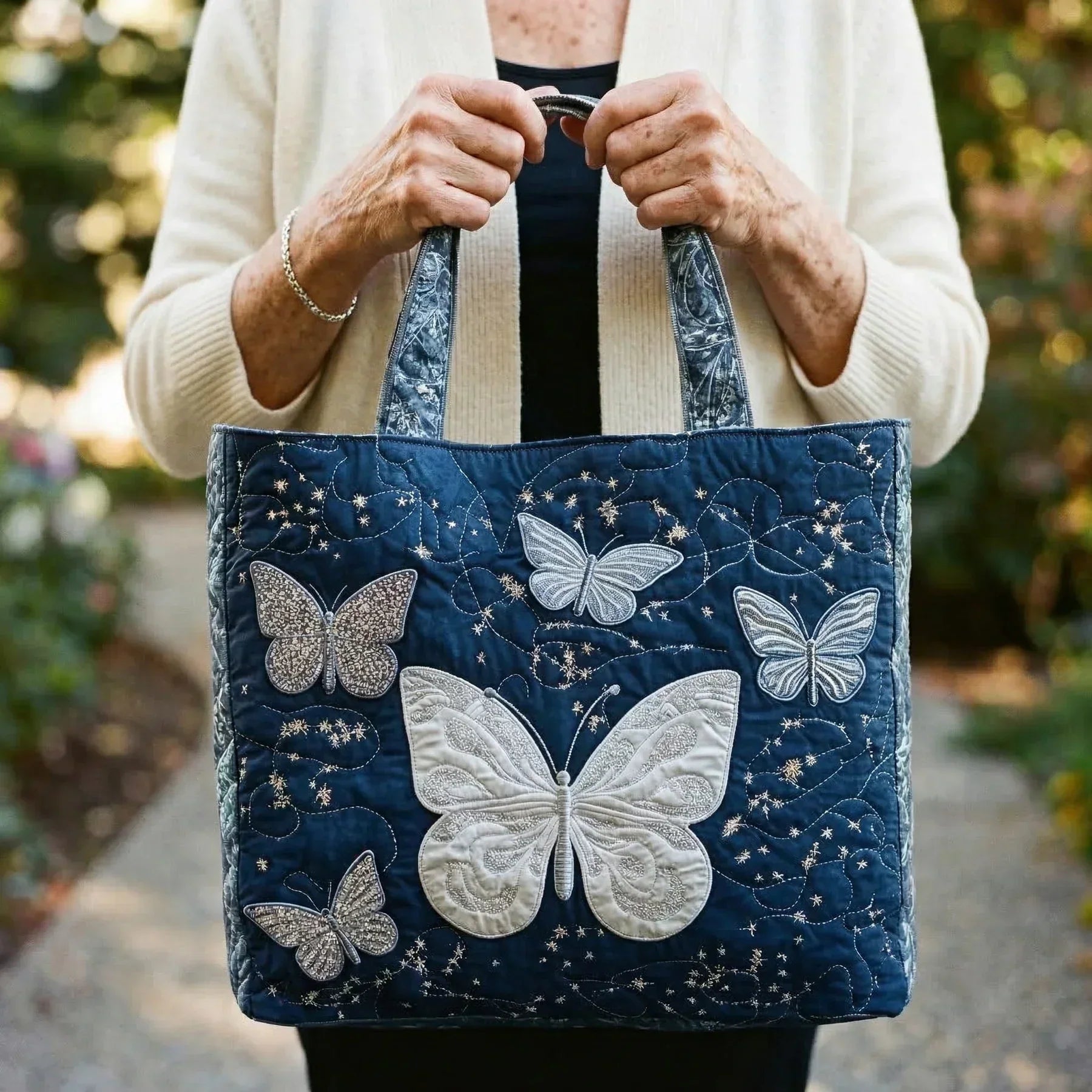 Silver Butterfly Artisan Quilted Bag