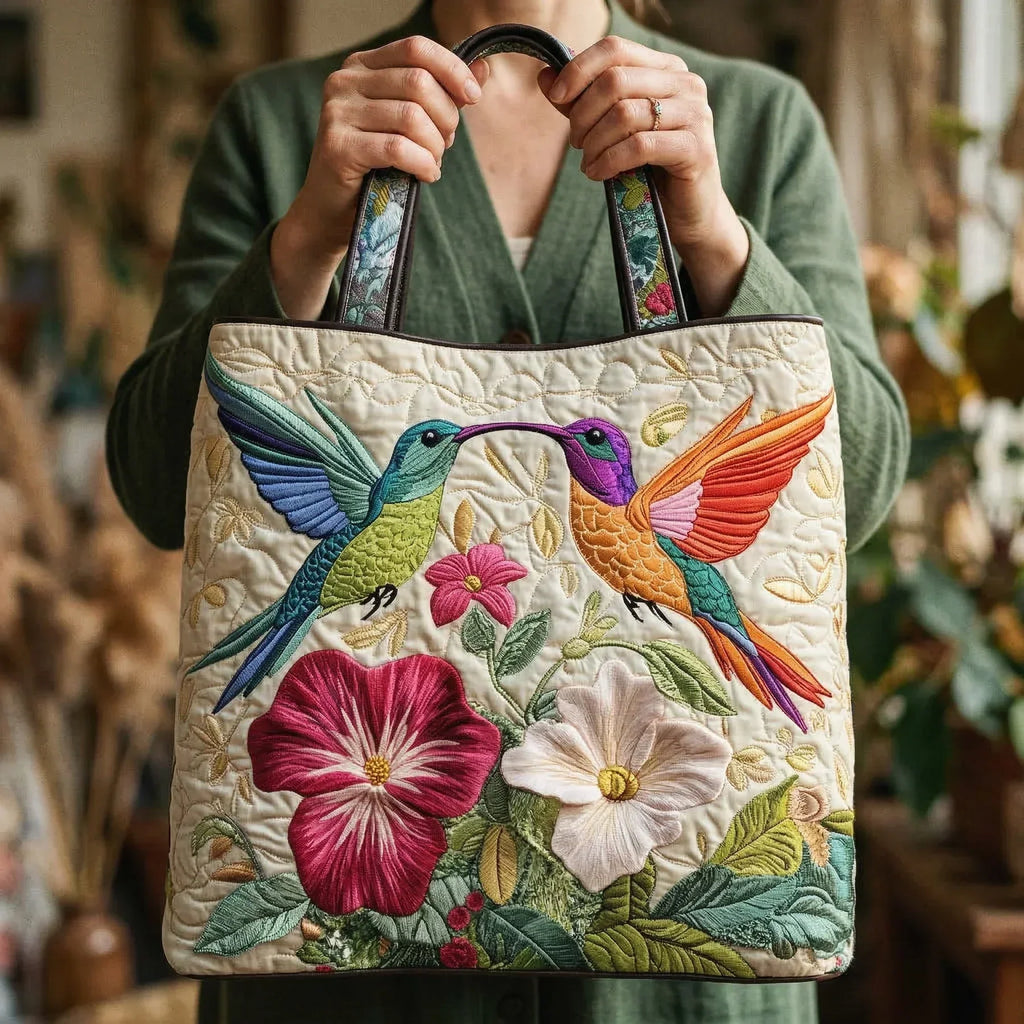 Hummingbird and White Flowers Artisan Quilted Bag