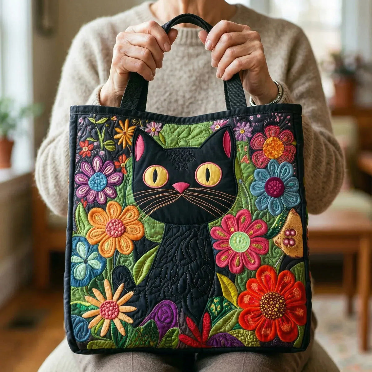 Enchanted Black Cat Artisan Quilted Bag