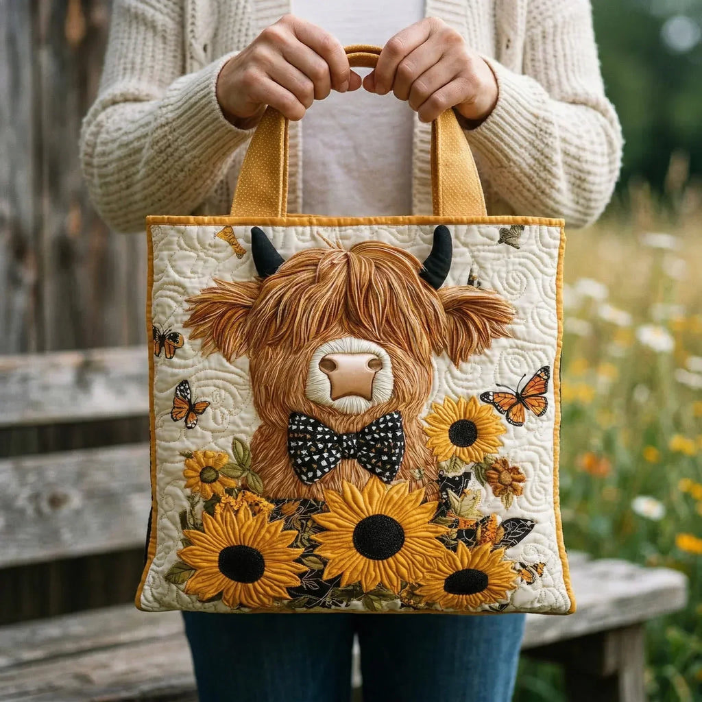 Highland Cow with Sunflowers Artisan Quilted Bag