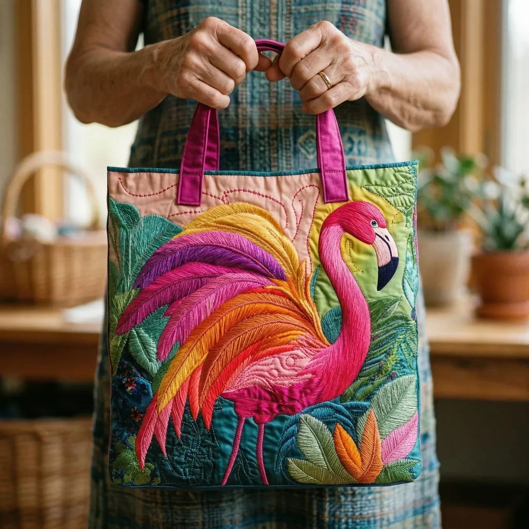 Rainbow Flamingo Artisan Quilted Bag