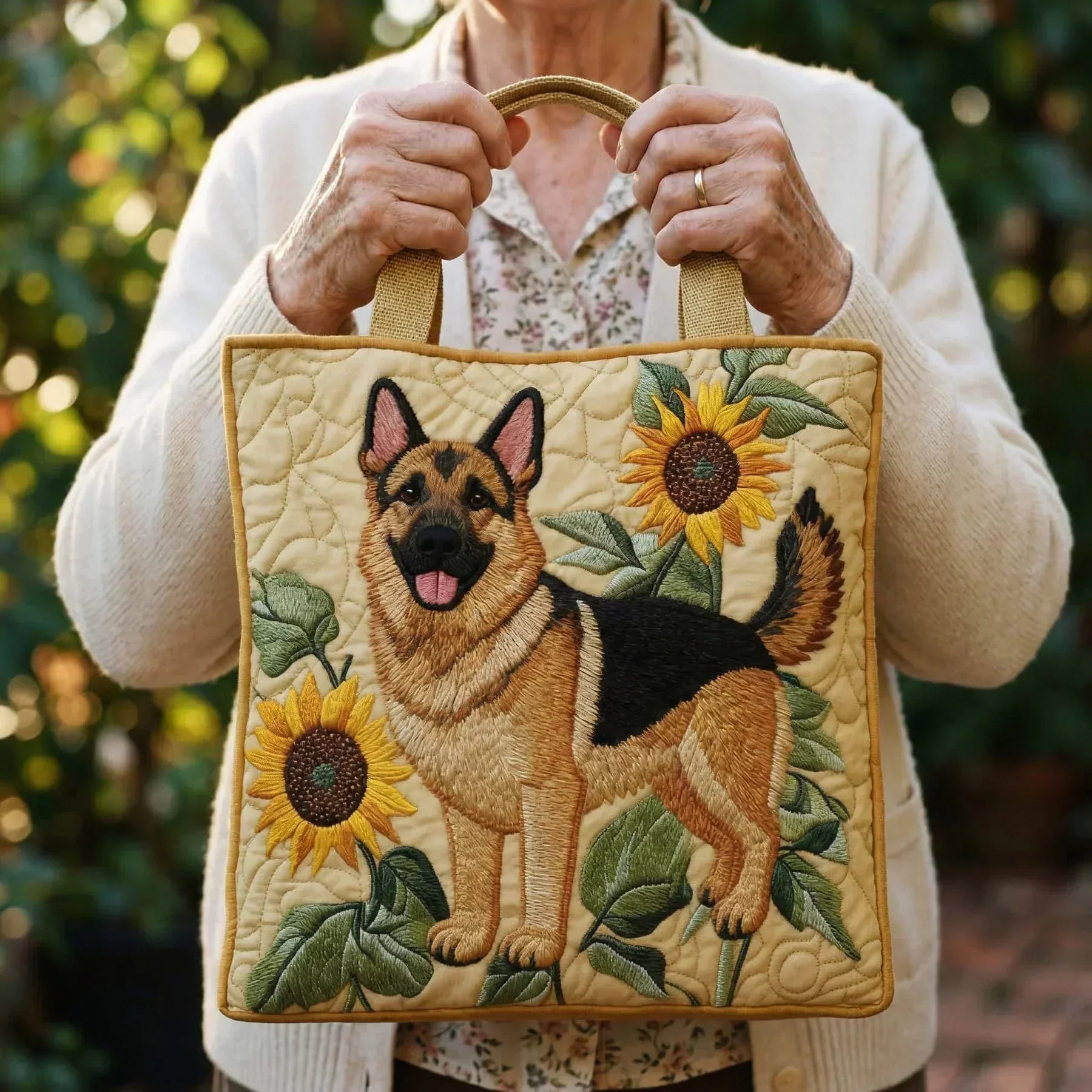 German Shepherd Floral Artisan Quilted Bag